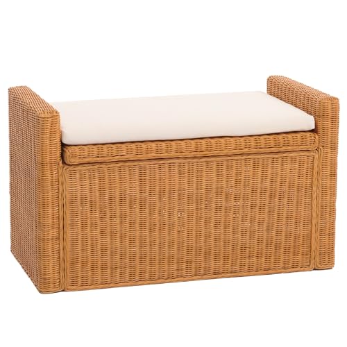 Mendler Aufbewahrungstruhe M92, Truhe Sitzbank Garderobenbank, Kissen Kubu Rattan 88cm - honigfarben