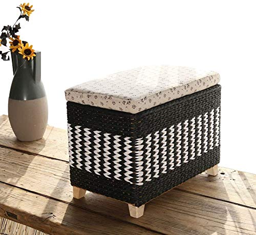 HYBMRQVD Handgewebter Aufbewahrungskorb-Ottoman e mit Rattan-Fußhocker, multifunktional, handgefertigt, Korbtruhe, Massivholzstruktur, ideal für Wohnzimmer, Schwarz (50 x 30 x 30 cm)