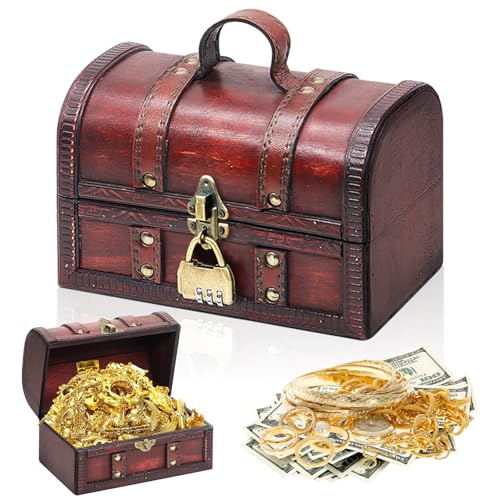 Forbabe Schatztruhe aus Holz Vintage, Schatztruhe Kindergeburtstag Truhe mit Schloss Schatzkiste Kindergeburtstag, Holztruhe mit Deckel Zahlenschloss, Holzkiste mit Deckel(20x13x12, Mit Griff)