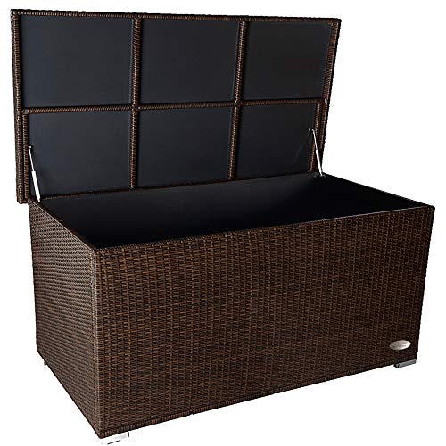 RS Trade® exclusive 'Venezia' 950 L Polyrattan Garten Kissenbox wetterfest (wasserdicht) 146 x 83 x 80 cm, Box mit verstärktem Deckel und Gasdruckfedern, auch als Tischplatte geeignet, Java Braun