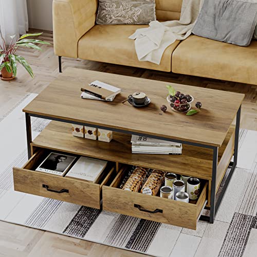 HOCSOK Couchtisch, Wohnzimmertisch mit Schubladen und Offener Ablagen, Coffee Table Holz für Wohnzimmer, Schlafzimmer, Büro, Industrie-Design, Vintage braun, 58 x 105 x 48 cm