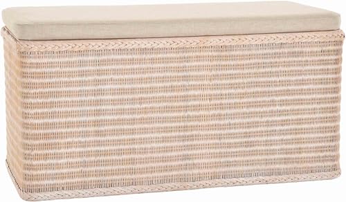 Krines Home XXL Wäschetruhe Rattan Sitztruhe Groß gepolstert Flur-Bank Aufbewahrung mit Deckel Bad Wäschesammler Sitz-Truhe Natur (Vintage Weiss, 115x55cm)