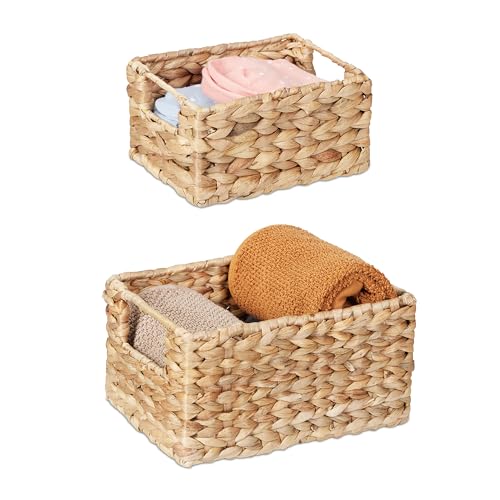 Relaxdays Aufbewahrungskorb Set, Wasserhyazinthe, 2 Größen, Badezimmer & Deko, geflochtene Utensilienkörbe, Natur