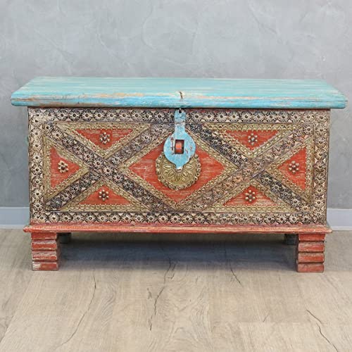 Oriental Galerie Shabby Chic Holztruhe mit Messingbeschlag Schatztruhe Truhe Kiste Box Holz Indien Massiv Antik-Optik Türkis Rot 80 cm