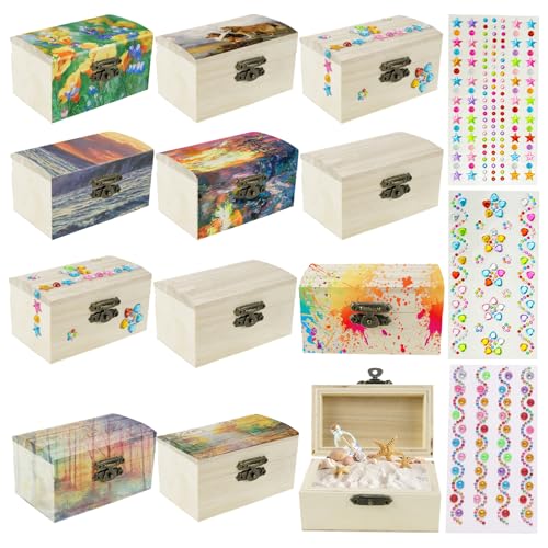 ZIGefofo 12 Stück Schatzkiste Klein Mini Schatztruhe mit 3 Aufkleber Glitzer Holzschatulle Holzkästchen mit Deckel Set Schmuckkästchen Holz für Kinder Bastelset Piratenparty Geburtstags DIY