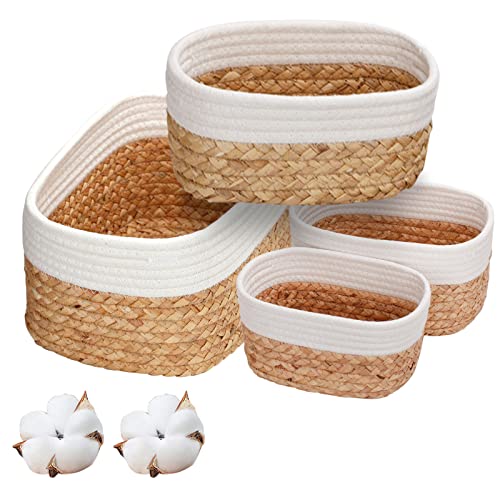 Aufbewahrungskorb Körbe aufbewahrung 4er korb geflochten Set aus Wasserhyazinthe und Baumwolle,Badezimmer bad Ordnungsbox Organizer Für dekoratives Küche Aufbewahrungsbad,Schlafzi mmer