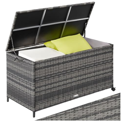 tectake® Poly Rattan Gartenbox wetterfest, outdoor Box mit Deckel, Auflagenbox, rollbar, Aufbewahrungsbox für Garten, Terrasse und Balkon, 117 x 54 x 64 cm, 297l - grau