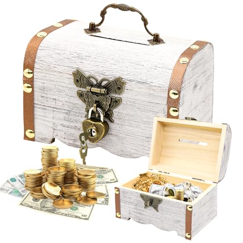 Forbabe Schatzkiste Holz, Vintage Spardose mit Schloss Piraten Schatztruhe Klein Schatzkiste mit Schloss Holztruhe mit Deckel für Kindergeburtstag Schatzsuche (14.5x10.5x10.3cm, Hellgrau Weiße)
