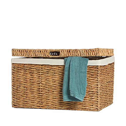 Casa Mina® Wäschetruhe mit Deckel 60 x 36 x 40cm hoch I Atmungsaktive Wäschetruhe geflochten aus 100% Naturfaser I Robuster Wäschesammler mit Griffen & waschbarem Innensack I Wäschetruhe - Bali