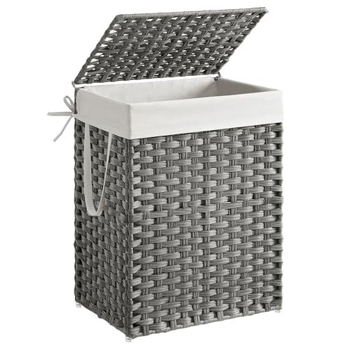 SONGMICS Wäschekorb, Wäschesammler 90 L, Wäschebox aus synthetischem Rattan, mit Deckel und Griffen, geflochten, faltbar, herausnehmbarer Wäschesack, taubengrau LCB51WG