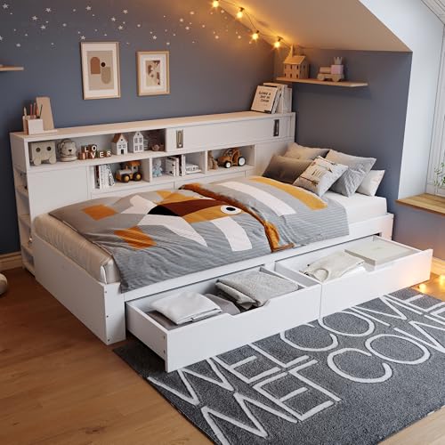 Zepneiy Bett 140 x 190 cm mit Schubladen und Regal, Doppelbett 140 x 190 cm mit Aufbewahrungsschrank, Truhe mit Stauraum, weißer Rahmen (ohne Matratze)