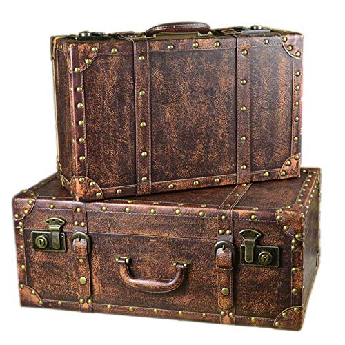 Durable Set Of 2 Vintage Storage Suitcase Retro Decorative Wooden Box With PU Leder Schatz Truhe Jewellery Organiser Craft Project (Color : Brown Size : Large+Small)