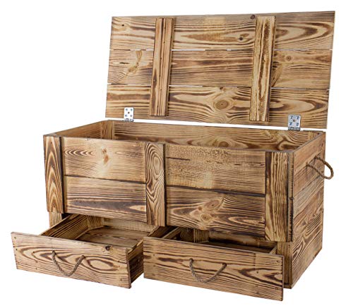 Kistenkolli Große geflammte Holztruhe mit Deckel und Schubladen 85x39x40cm Hochzeit Schatztruhe Spielzeugkiste Garten Truhe Bank Stauraum Sitztruhe Sitzbank Aufbewahrungstruhe mit großer Kapazität