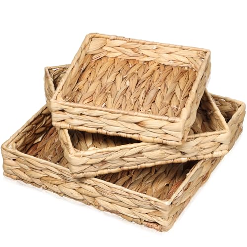3er Set Aufbewahrung Geflochten aus Wasserhyazinthe Seegras Eckiges Deko Tablett Serviertablett Handgeflochten Wasserhyazinthe Aufbewahrungskorb für Wohnzimmer, Esszimmer & Badezimmer Küchen