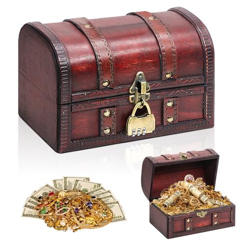 Spetsbst Schatztruhe aus Holz mit Schloss, Vintage Schatztruhe Kindergeburtstag Holztruhe mit Deckel Schatzkiste Holz, Truhe mit Schloss Zahlenschloss Dekoration Geschenke(20x13x12, Ohne Griff)