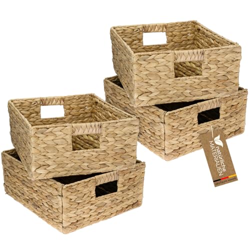 HMF Aufbewahrungskorb, Korb geflochten aus Wasserhyazinthe Seegras | 4er Set | passend für Kallax halbes Fach | 30 x 34 x 15 cm