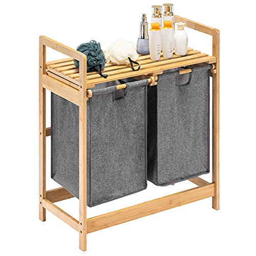 YOUDENOVA Wäschekorb aus Bambus-Gestell mit Ablagen Wäschesammler mit 2 Ausziehbaren Wäschesäcken für Schlafzimmer Bad oder Waschküche 73x64x33cm Grau