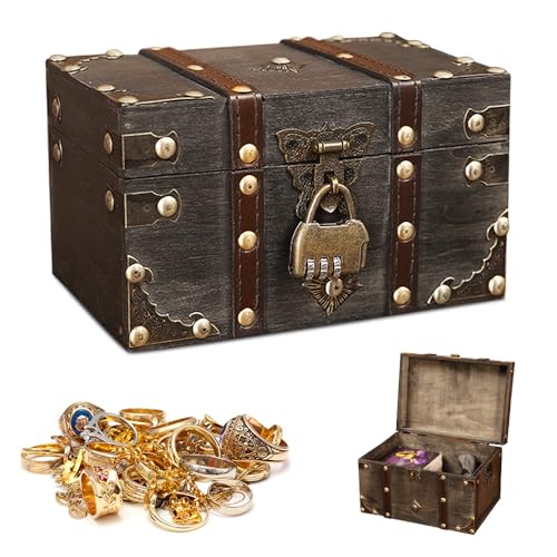 Foreverup Vintage Holz Schatztruhe, Schatzkiste Holz Kinder mit Schloss, Schatztruhe mit Zahlenschloss, 18 * 11.5 * 10.5cm Holztruhe Piratenkiste für Aufbewahren Dekorieren Geschenke