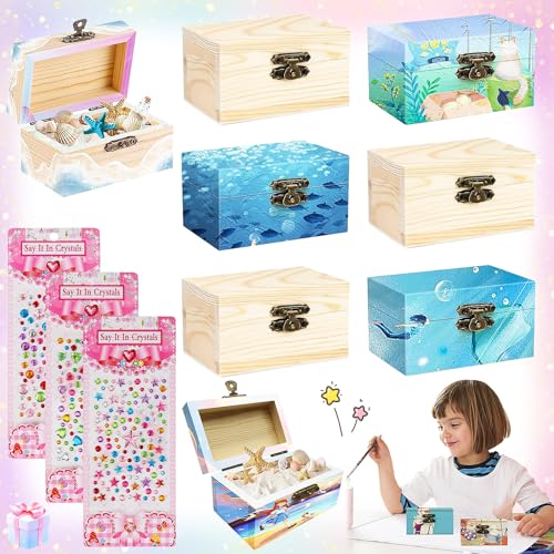 Begpoee 8 Stück Mini Schatzkiste mit Deckel, DIY Kleine Holzkiste mit Deckel, Schatztruhe Kinder mit Deckel, Mit 3 Bunten Aufklebern, Für Gemälde und Kindergeburtstagsgeschenk e(9 x 5,5 x 5,2 cm)