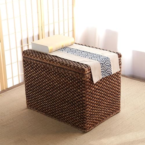 DECAKE Rustikale Korbtruhe im Bauernhausstil, Sitzbank mit gewebtem Rattan-Stauraum, Ottomane mit gewebtem Seegras-Stauraum, Sitztruhe am Fußende des Bettes, Fußhocker aus Holz für das Wo