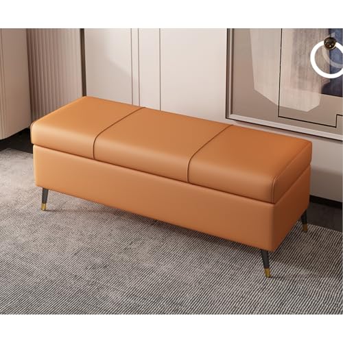Kunstleder-Ottoman-Bank mit Kissen, Eingangsmöbel für Wohnzimmer, rechteckig, extra lang, Fußbett, Aufbewahrungsbank, Orange, PU-Ledertruhe
