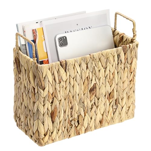 TOLIDA Stabiles Zeitungsständer aus Wasserhyazinthe, Gewebtes Aufbewahrungskorb mit Griff, Handbemalte Aktenhalter, Weidenkorb für Buch, Zeitschriften, Papiere als Geschenk Deko 30x14x28CM