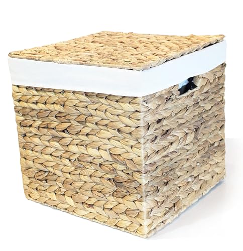 Wasserhyazinthe Korb ideal für Kallax, Truhen M, quadratisch, BSCI Wäschebehälter, edel verarbeitet, Handarbeit, nachhaltig, Aufbewahrungsbox mit Deckel, Aufbewahrungstruhe