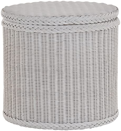 Rattan Wäschekorb Wäschetruhe mit stabilem Deckel Rund Wäschebox (Weiss)