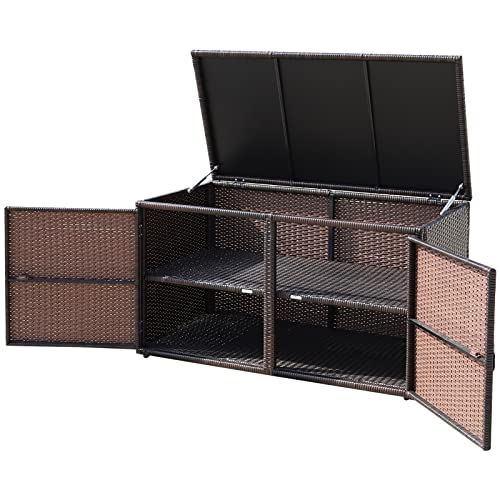 HOMASIS 335L Auflagenbox Wetterfest Outdoor, PE-Rattan Aufbewahrungsbox mit Deckel & Doppeltüren & Ablage, 2-stöckiger Gartenschrank Kissenbox Gartentruhe Gartenbox für Balkon, 115x60x65cm (Braun)