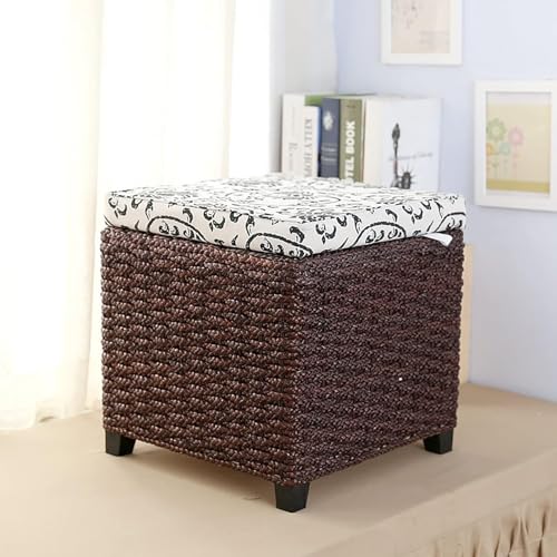 Handgewebte Korbtruhe, Ottomane mit Stauraum aus natürlichem Rattan, Ottomane im Landhausstil mit Aufbewahrungs-Organizer für Wohnzimmer, Schlafzimmer, Bank, Walnuss, C 40 x 40 x 4