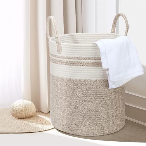 HDRNT Wäschekorb Geflochten aus Baumwolle?45L Wäschesammler mit Henkel,Geflochtener Wäschesortierer, Laundry Basket Aufbewahrungskorb für Wäschekammer Kinderzimmer Bad (35cm*40cm) (beige+weiß)