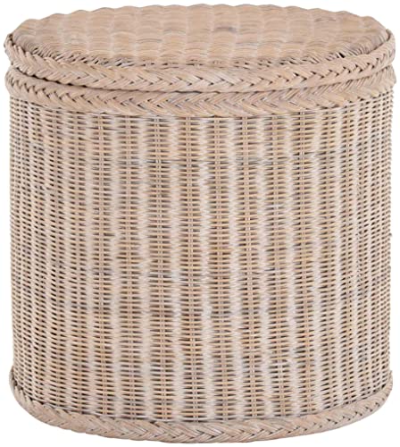 Rattan Wäschekorb Wäschetruhe Aufbewahrungsbox mit Deckel Wäschesammler Sitz-Truhe (Rund, Vintage Weiss)