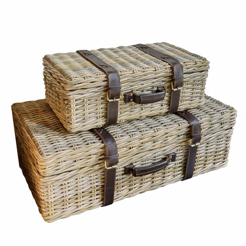 Loberon Truhe 2er Set Prelaire, Zwei Größen, Handgeflochten, Nostalgische Koffer, Aufbewahrung, Ordnungshelfer, Mahagoniholz, Rattan, Rindsleder, braun
