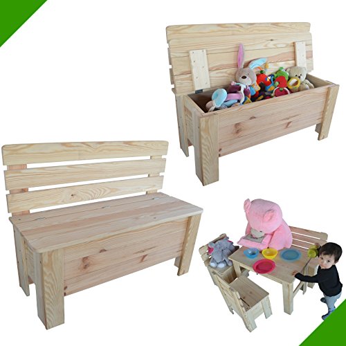 Kinderbank Holzbank Sitzbank Gartenbank Kiefer Massiv Bank aus Holz Sitztruhe Allzweckkiste Unbehandelt Holzmöbel Truhe Holztruhe Spielzeugtruhe Stauraum Spielzeugkiste