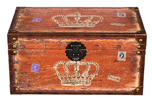 Truhe Kiste SJ14307 Krone Königin England Holztruhe mit Kunstleder bezogen im Vintage Look Schatzkiste Piratenkiste Metallbeschläge koloniale Holzbox mit Ornamenten (Größe L 49cmx28x25cm Orange)