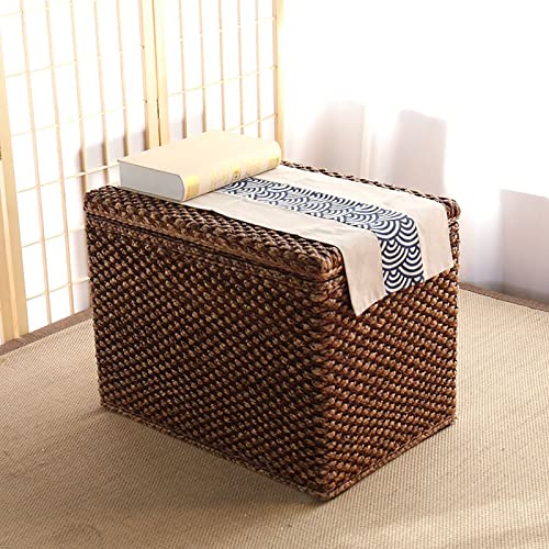 Farmhouse Rustikale Rattan-Aufbewahrungsbank mit Seegras, Ottomane, rustikale Truhe für Wohnzimmer, Holz, Fußstütze, Hocker, Ende der Bettbank, Walnuss, 50 x 40 x 45 cm
