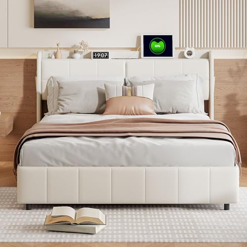 Polsterbett, 140 × 200 cm, mit Stauraum, Doppelbett mit Stauraum, Bett, Truhe mit USB, gepolstert, für Erwachsene, großes Bett mit Truhe, mit Lattenrost aus Brett, Weiß, Stil C, 140 × 200 cm