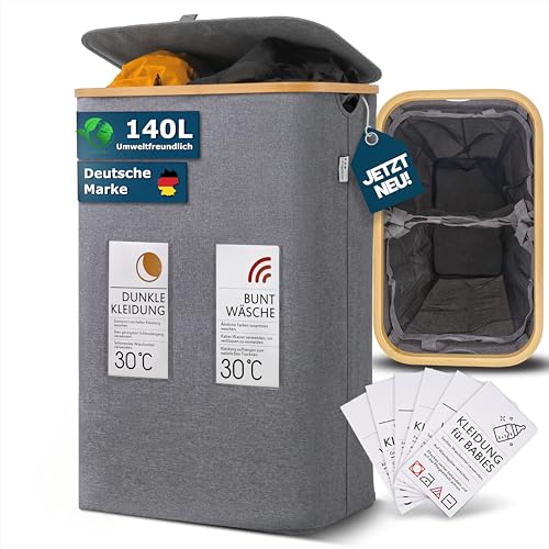 Lavanderi® Wäschekorb 2 Fächer & Deckel [schmal grau 140L XL] - Faltbare Wäschebox mit Waschhinweisen - Wäschesammler groß als Schmutzwäschebehälter - Laundry basket organizer with smartcards
