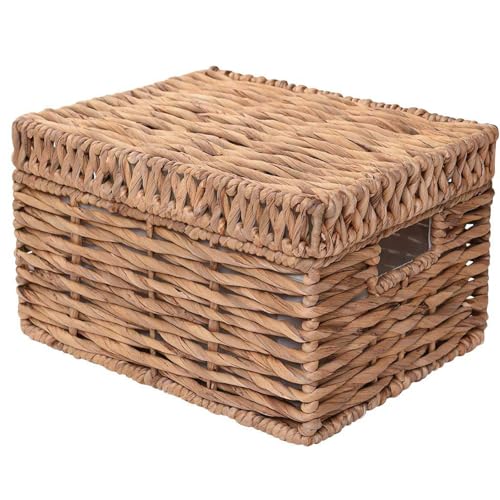 VIVANNO Flechtkorb Regalkorb natur Wasserhyazinthe Schrankkorb mit Deckel Kira 26 x 34 x 27 cm