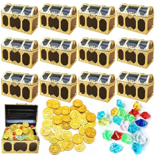 GBKDQQ 12 Stück Mini Schatztruhe, Schatzkiste Kindergeburtstag Set Schatztruhe Kunststoff mit 12 Farbige Edelsteine und 12 PiratenGoldmünzen, Kleine Schatztruhen für Piraten Deko Piratenparty