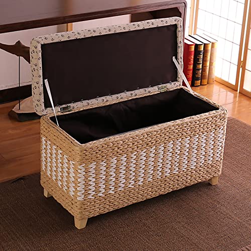 KHLMSRXJ Rattan-Stauraum-Ottomane, gewebte Korbtruhe, rustikaler Fußhocker aus Seegras, Fußbank am Ende des Bettes, Schuhbank für den Eingangsbereich für Wohnzimmer und Schlafzimmer, Natur,