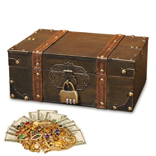 Spetsbst Schatztruhe aus Holz, Schatzkiste Aufbewahrung mit Schloss, Holztruhe Kinder Schatztruhe Groß für Aufbewahrung Kindergeburtstag Geschenke Dekoration