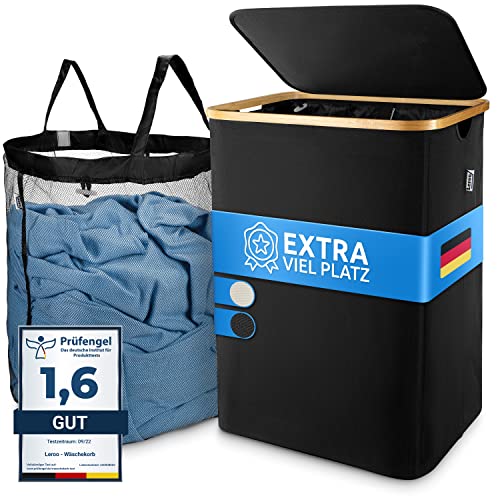 Leroo Wäschekorb mit Deckel [ATMUNGSAKTIV] Wäschekorb schwarz mit herausnehmbaren Wäschesack - Wäschesortierer für Bade- & Schlafzimmer Wäschesammler Laundry Baskets Wäschebox faltbar mit 100L