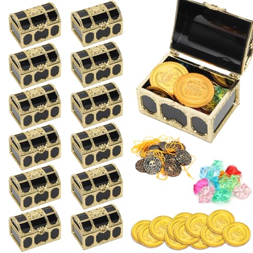 LOMUG Klein Piraten Schatztruhe Set 12 Stück Mini Schatzkiste,12 Edelsteine für Kinder und Goldmünzen Plastik Süßigkeiten Spielzeug Requisiten Deko Kindergeburtstag Piratenparty,Kinder Schmuckkästchen
