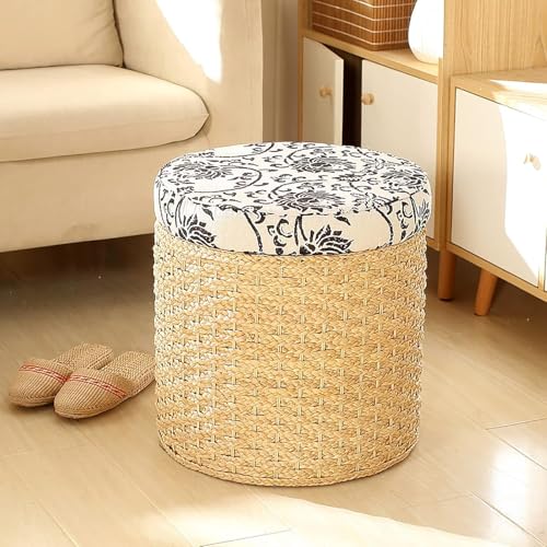 Handgewebte Korbtruhe, Ottomane mit Stauraum aus natürlichem Rattan, Ottomane im Landhausstil mit Aufbewahrungs-Organizer für Wohnzimmer, Schlafzimmer, Bank, Natur d 40x40x43cm (16