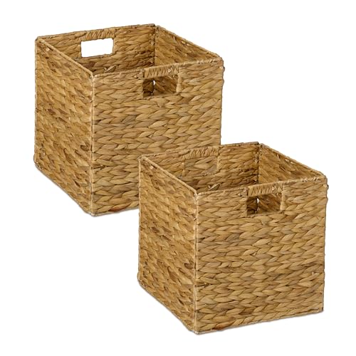 Relaxdays Aufbewahrungskorb, 2er Set, Wasserhyazinthe, Kleidung, Spielzeug, 30x30x30 cm, geflochtener Regalkorb, Natur