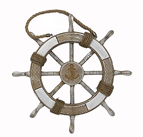 maritime Holz Serie Shabby ? Leuchtturm ? Anker ? Steuerrad ? Schatz-Truhe ? Bilder-Rahmen ? Deko - Nautic ? exklusive Artikel (Holz-Steuerrad mit Tau 36cm)