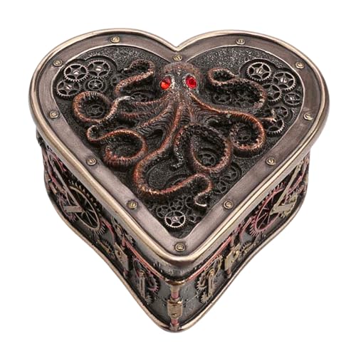 Antyki24 Herz Säckchen Steampunk Schatulle mit Oktopus – Große Metall-Truhe im Vintage-Stil mit Zahnrädern und Tentakel-Design – Deko Schmuckbox, Geschenkbox für Hochzeit, Geburtstag oder Jubiläum