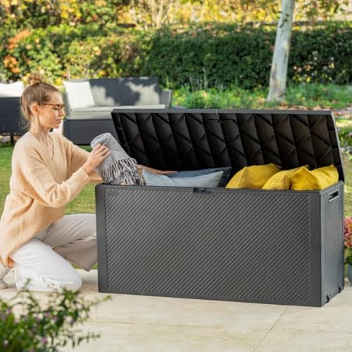 Koll Living Gartenbox mit 270 Liter Fassungsvermögen - wetterfester Stauraum, der Inhalt bleibt trocken und Wird belüftet - Moderne Flechtoptik - mit Griffen und Rollen (Grau)
