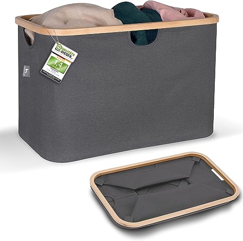 HENNEZ Faltbarer Wäschekorb Grau 60L - aus Stoff mit Bambus - Klappbarer Flach - Collapsible Foldable Laundry Basket - Tragbar Wäschesammler